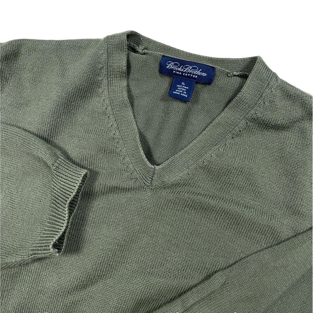 Brooks Brothers Sweater Men XL Olive Green V‎ Neck Soft Pima Cotton Grandpa Army